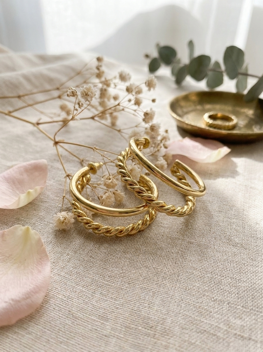Model wearing The Double Hoops gold earrings