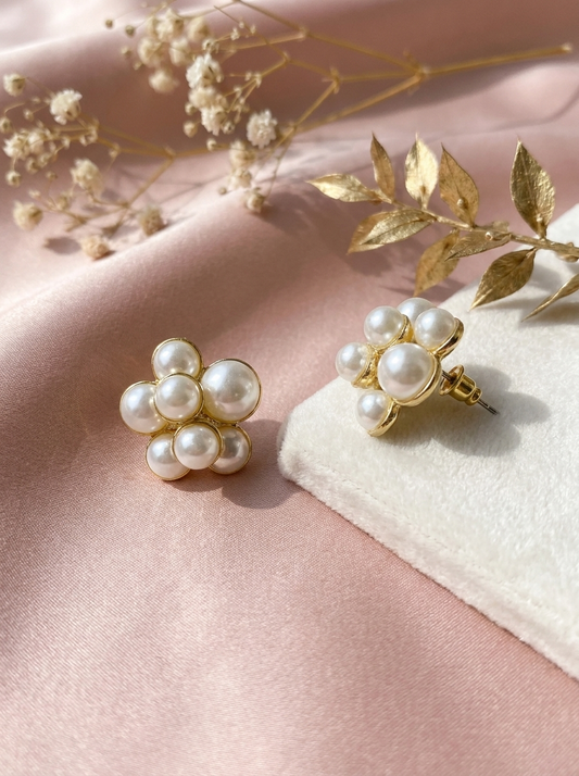 Pearl Bloom Studs on pink silk with gold leaf sprig and dried flowers