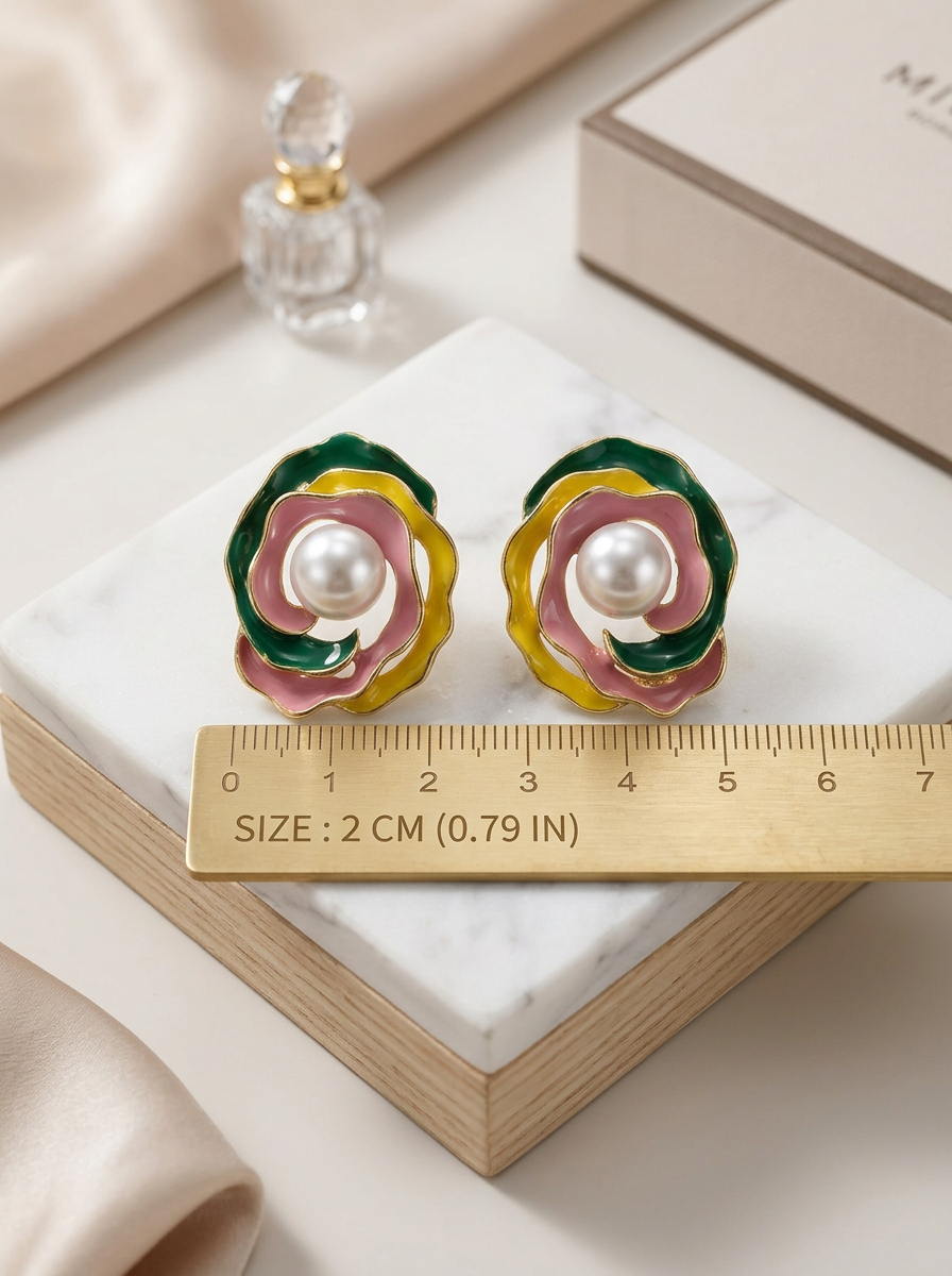 Enamel rose pearl stud earrings detail collage showing front, side and back views