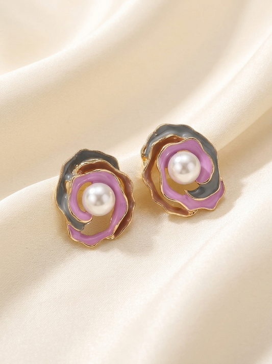 Pink and grey enamel rose pearl stud earrings on pink velvet jewellery box