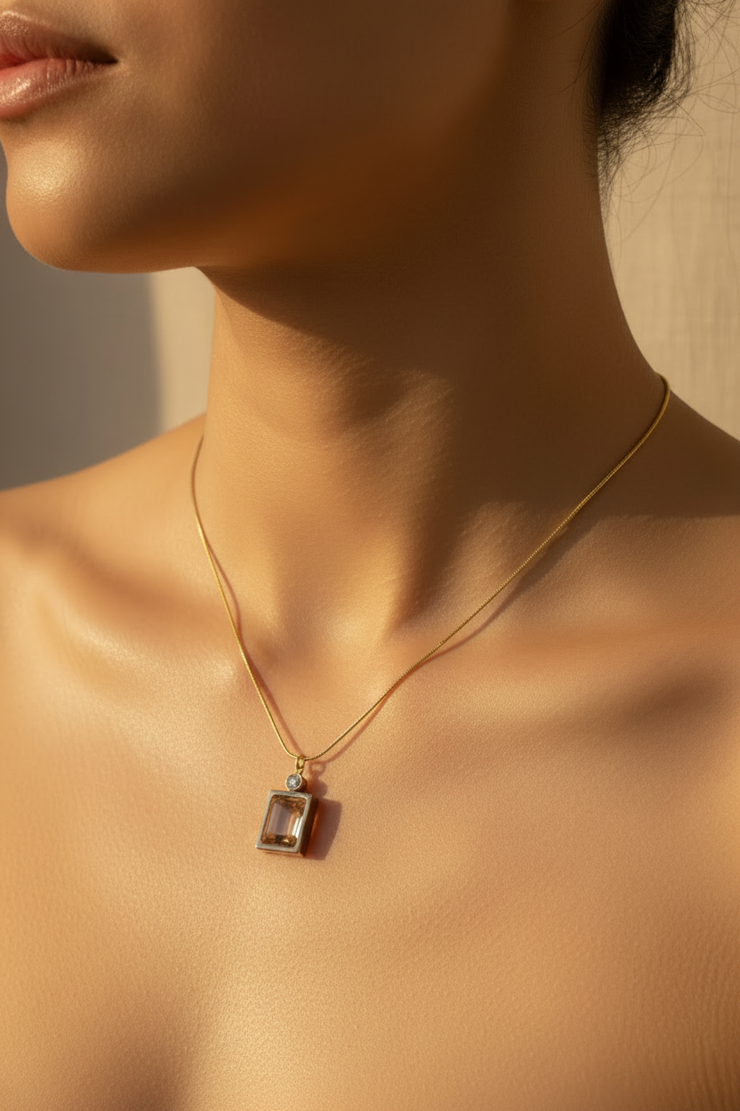 Amber Gemstone Gold Bezel Pendant Necklace