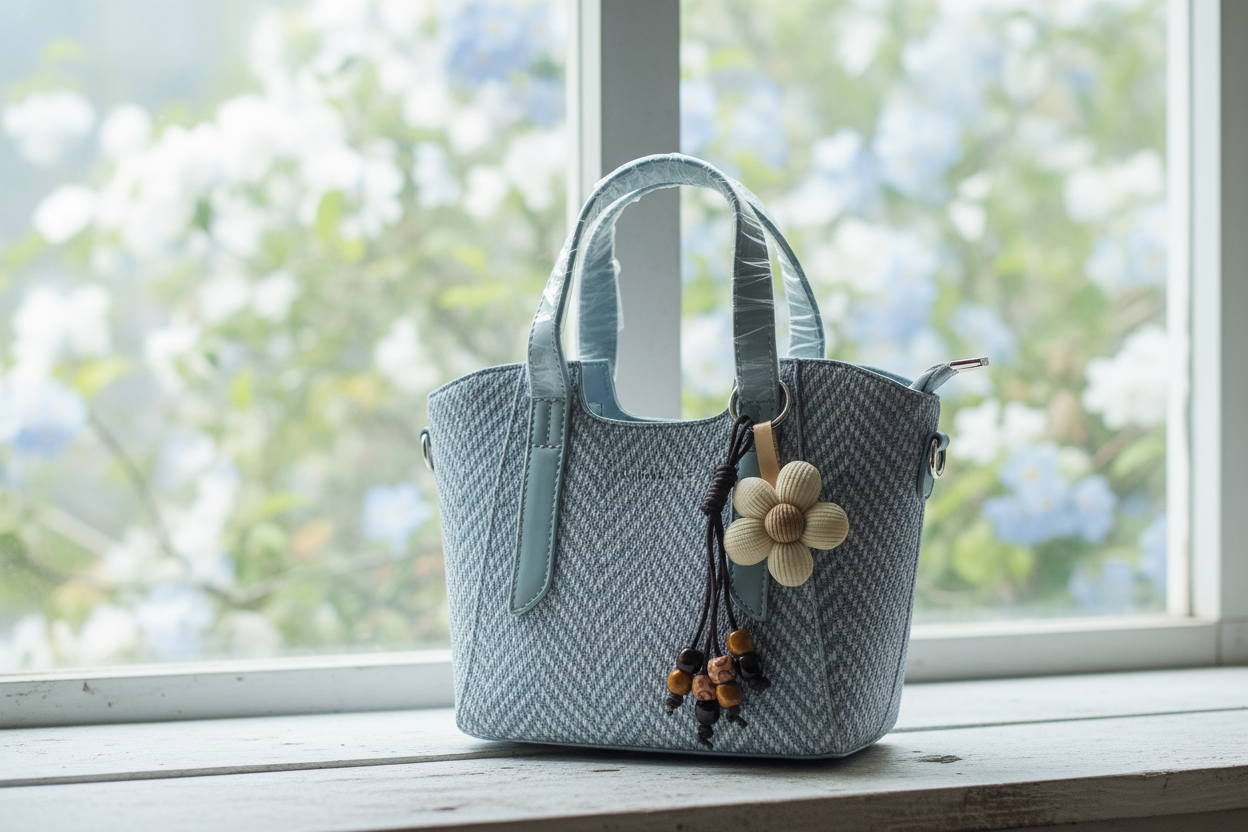 Powder Blue Mini Handbag with Flower Charm & Sling Belt