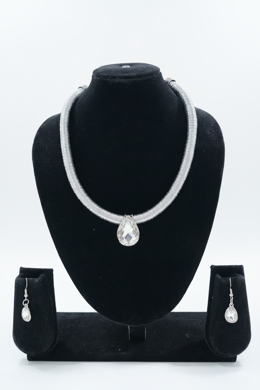 Silver Crystal Choker Necklace & Earrings Set
