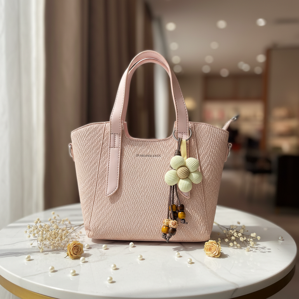Blush Pink Handbag with Flower Charm & Sling Belt