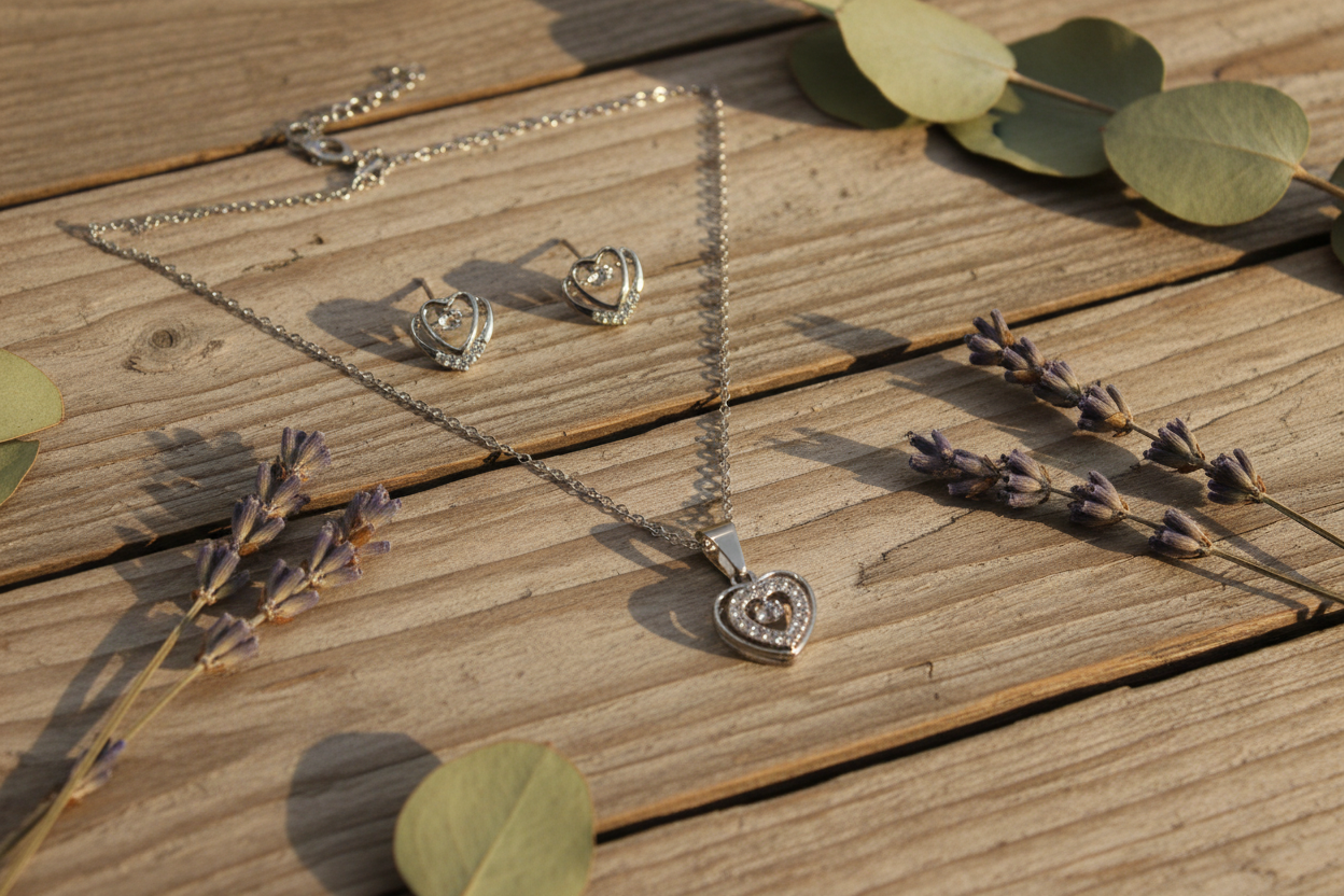 Silver Heart Crystal Jewellery Set – Necklace & Earrings