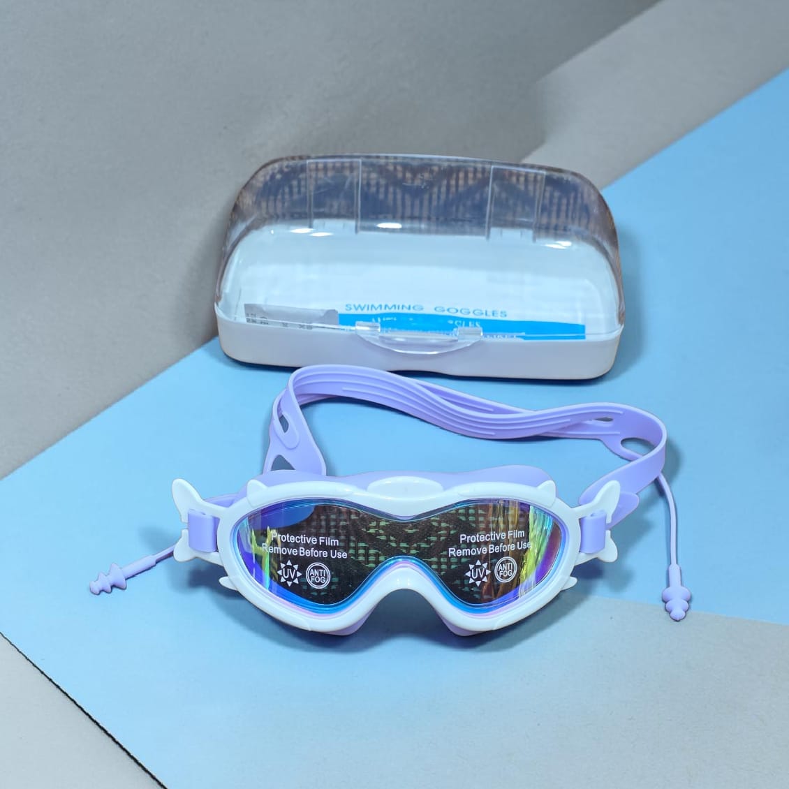 UV-Protected Anti-Fog Swimming Goggles with Attached Ear Plugs