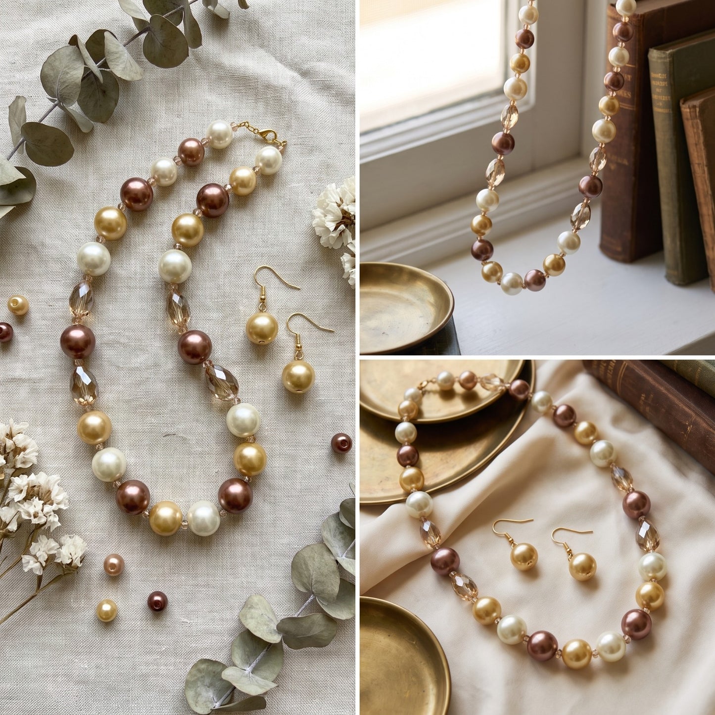 Tri-Tone Pearl & Crystal Necklace Set