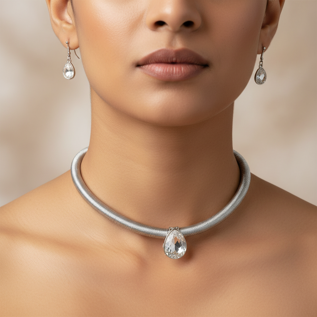 Silver Crystal Choker Necklace & Earrings Set