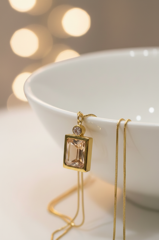 Amber Gemstone Gold Bezel Pendant Necklace