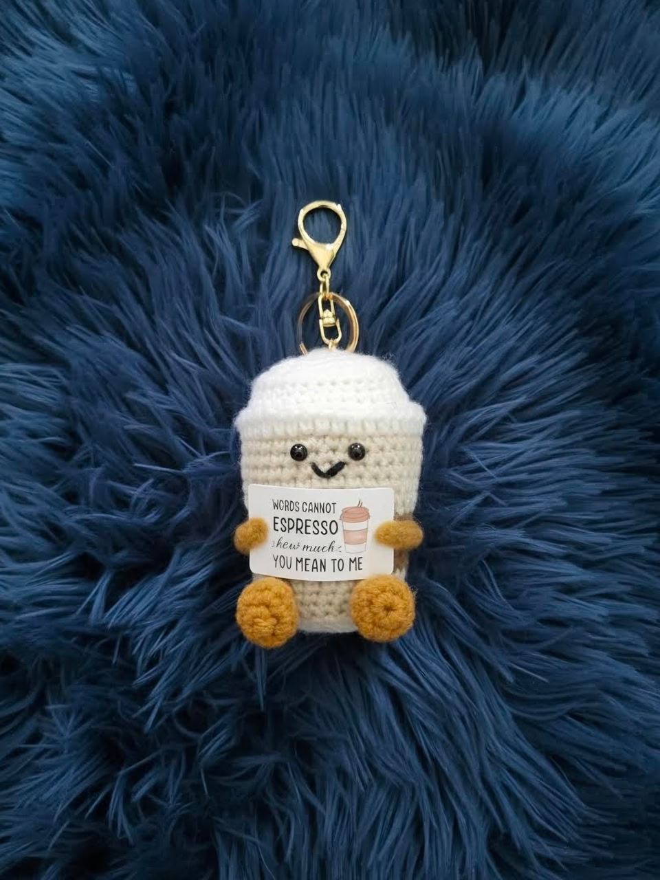 Crochet Coffee Cup Keychain – "Words Cannot Espresso" Edition