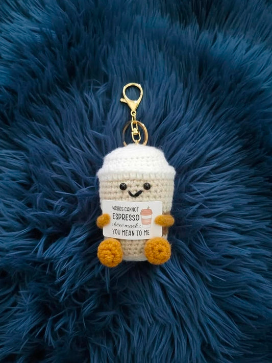 Crochet Coffee Cup Keychain – "Words Cannot Espresso" Edition