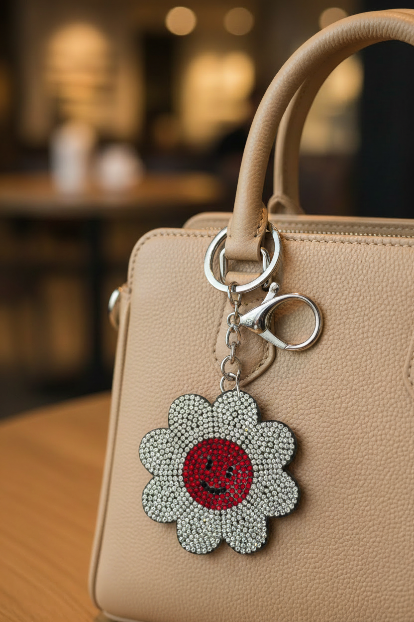 Rhinestone Flower Smiley Keychain
