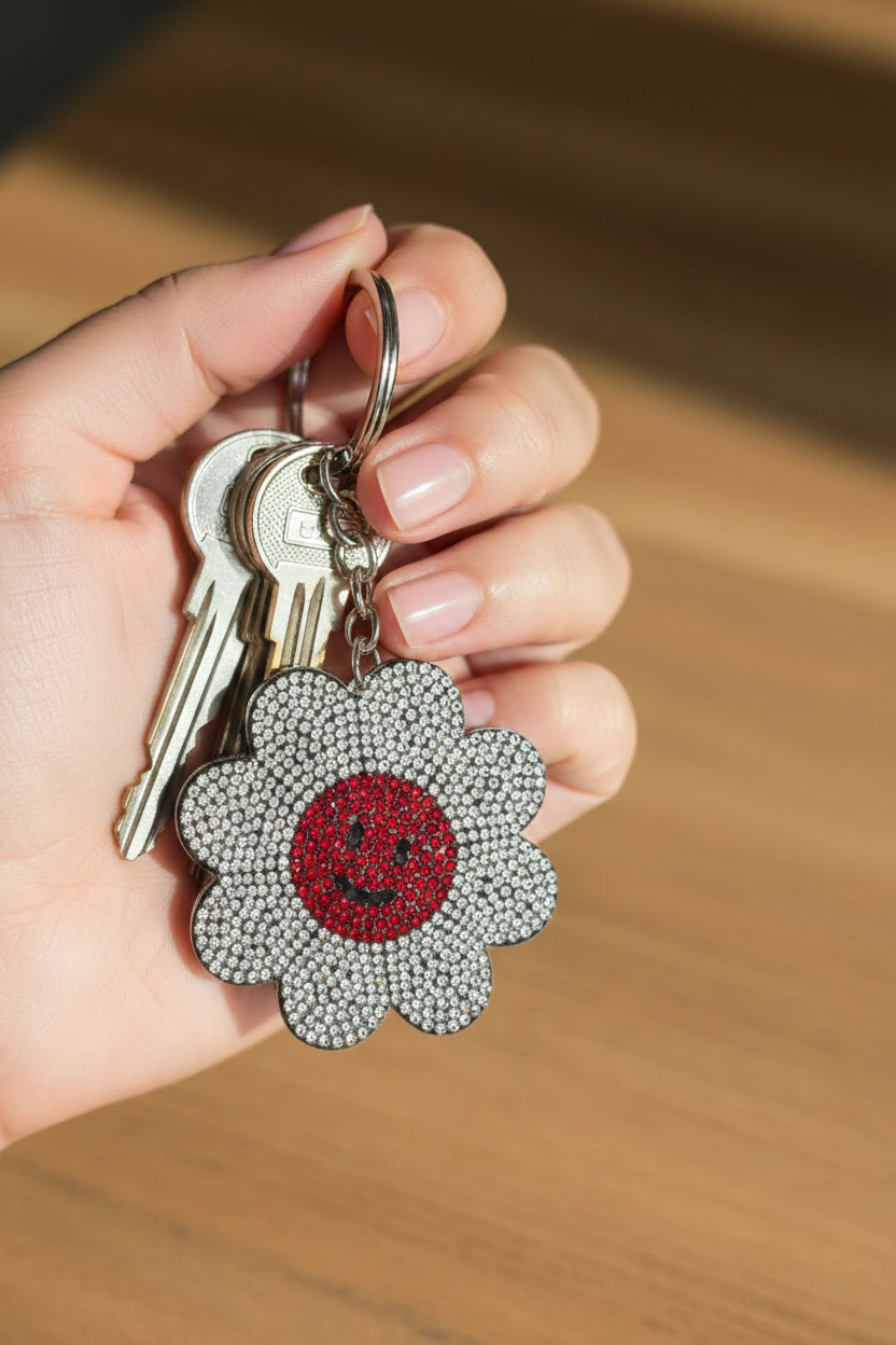 Rhinestone Flower Smiley Keychain