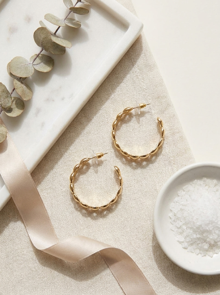 Gold twisted hoop earrings on marble with dried roses