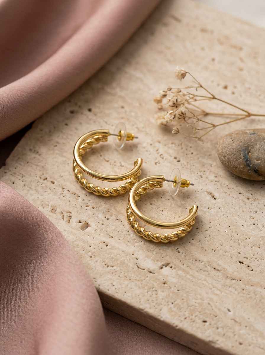 The Double Hoops gold earrings flatlay with tag on cream linen with eucalyptus and pearls