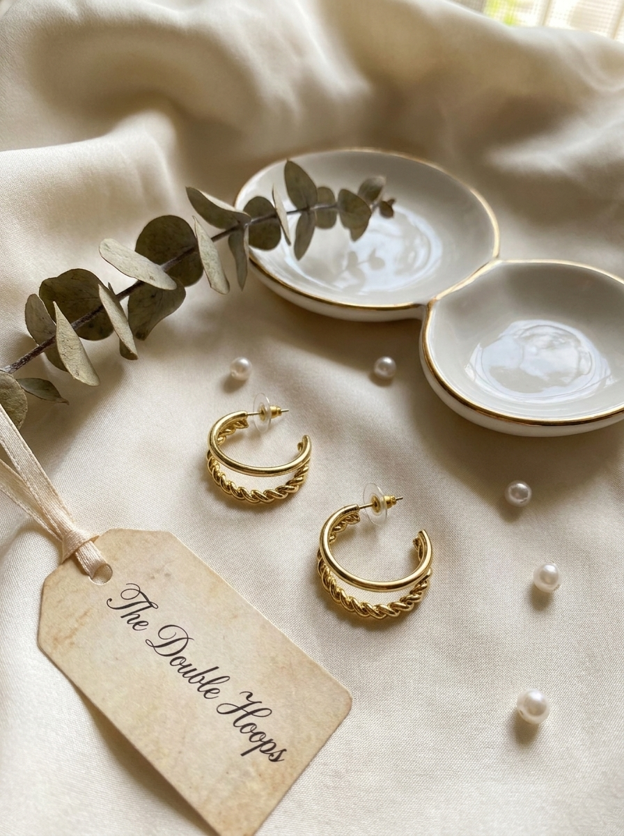 The Double Hoops gold earrings on travertine stone with dried flowers and pink silk