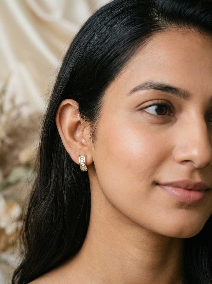 Model wearing baguette crystal hoop earrings