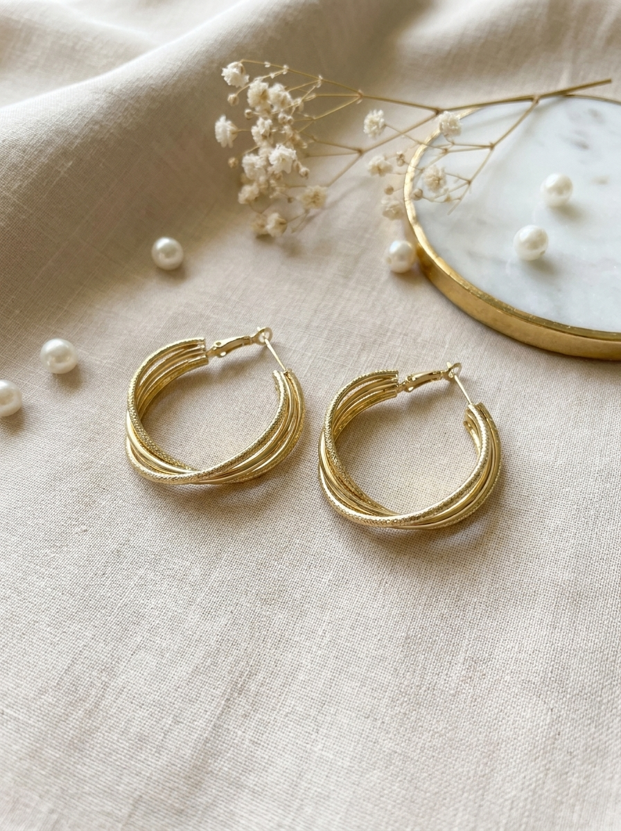 The Twisted Trio Hoops gold multi-strand hoop earrings flatlay on linen with pearls and marble tray