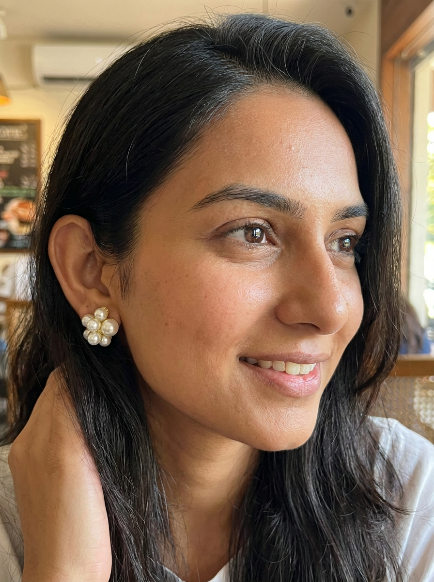 Model wearing Pearl Bloom Studs gold pearl cluster earrings