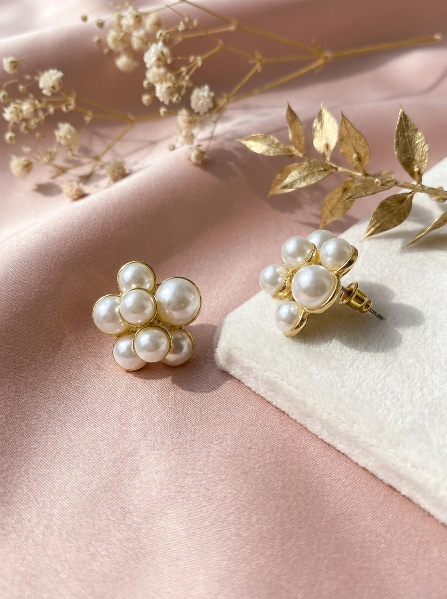 Pearl Bloom Studs on pink silk with gold leaf sprig and dried flowers