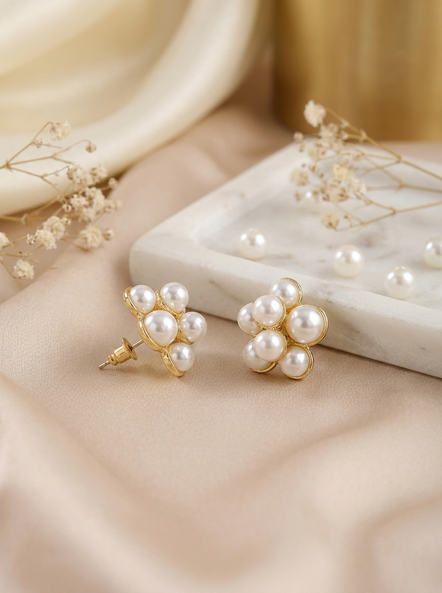 Pearl Bloom Studs on cream silk with marble tray and scattered pearls