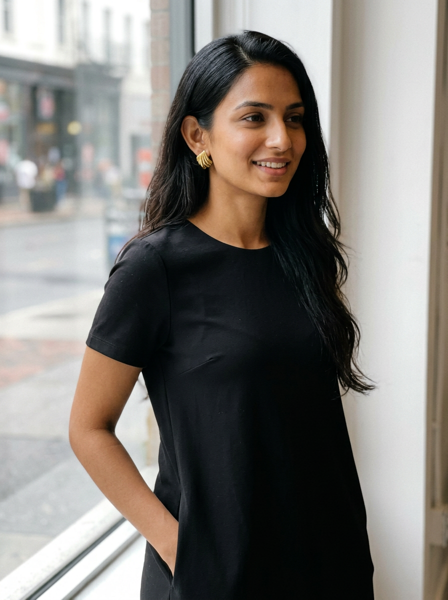 Model wearing The Shell Studs gold sculptural earrings in black dress by window