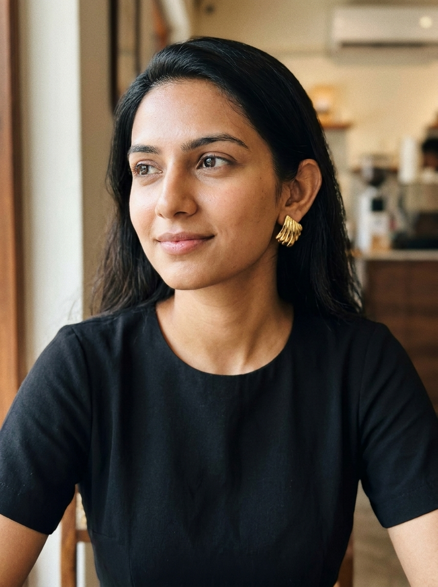 Model wearing The Shell Studs gold sculptural earrings with black t-shirt