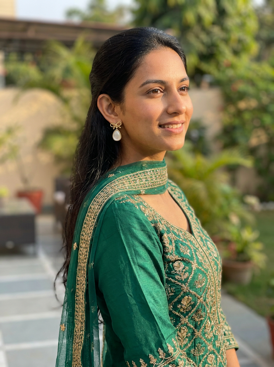 Model wearing Bow and Pearl Drop Earrings with green embroidered ethnic wear outdoors