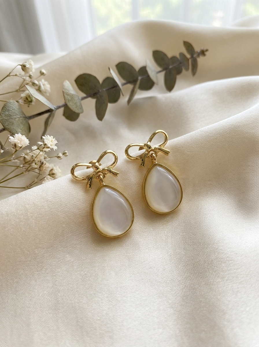 Bow and pearl drop earrings on cream silk with eucalyptus and white baby's breath