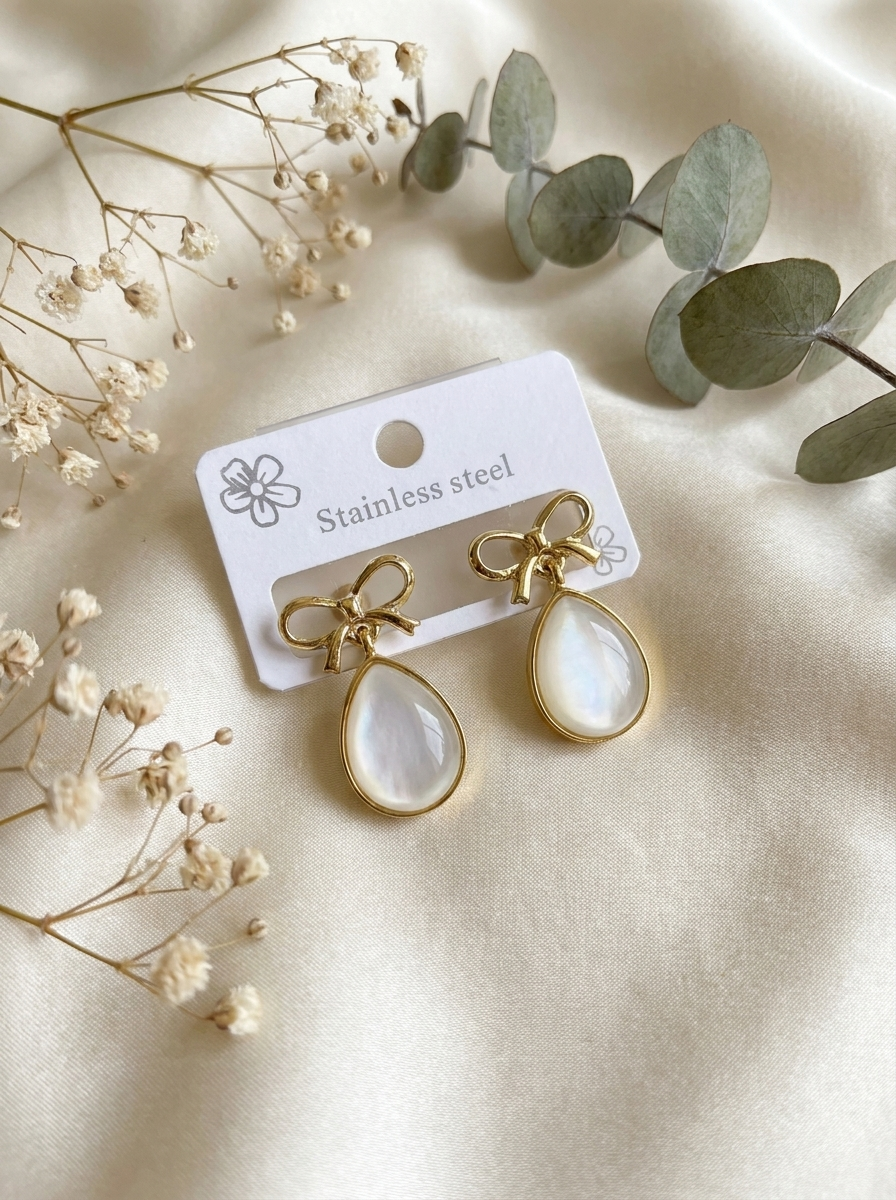 Bow and pearl drop earrings on stainless steel packaging card with dried flowers and eucalyptus