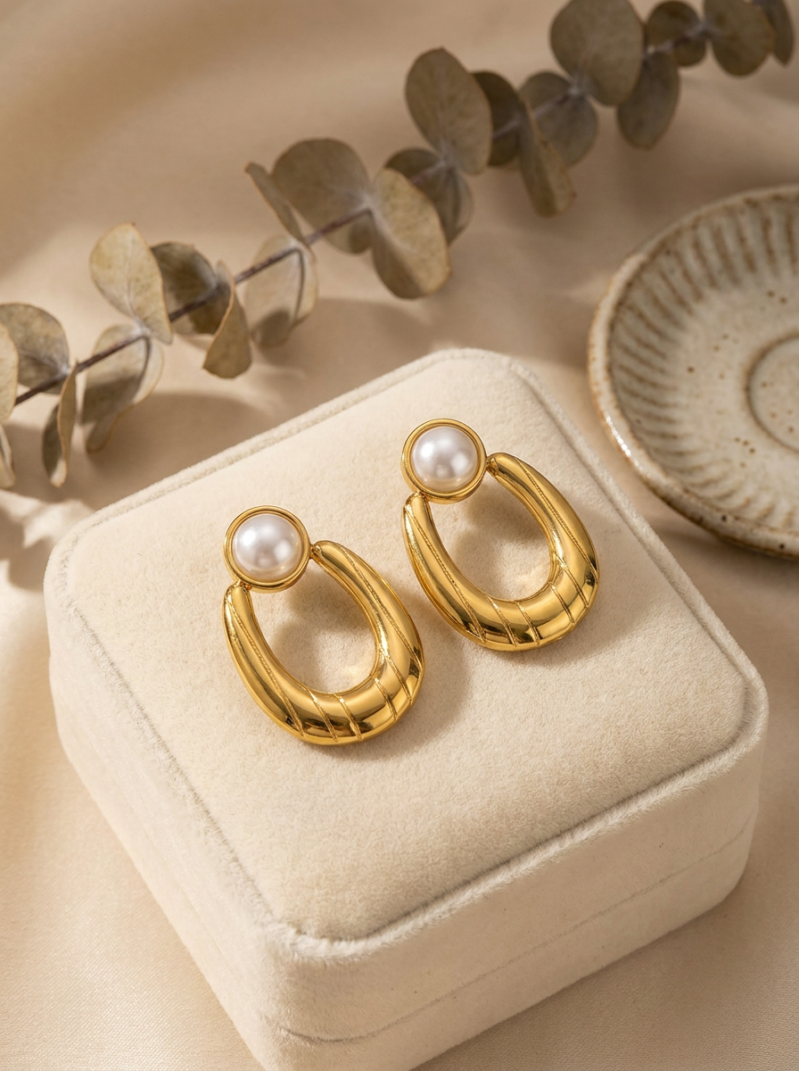 Pearl Top Oval Drop Earrings on cream velvet jewellery box with eucalyptus and ceramic dish