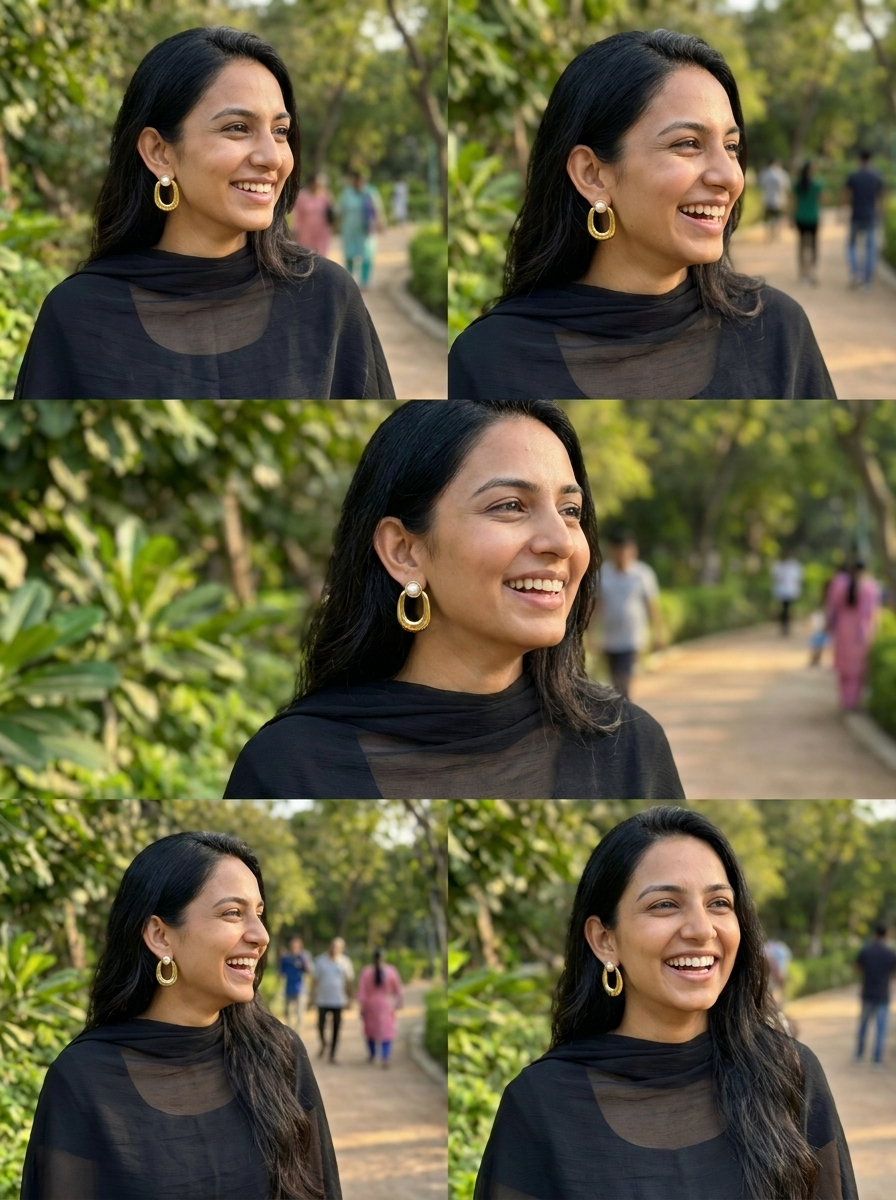 Model wearing Pearl Top Oval Drop Earrings with black outfit outdoors — multiple angles collage