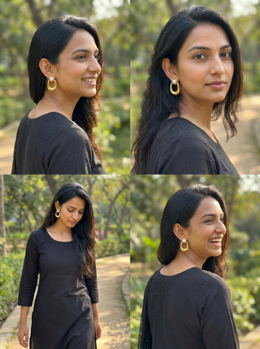Model wearing Pearl Top Oval Drop Earrings with black kurta outdoors — multiple angles collage