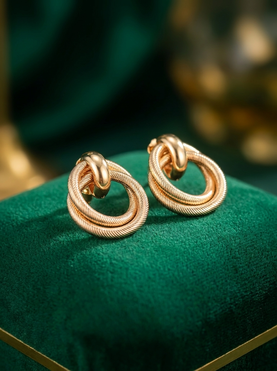 Gold twisted knot earrings on cream fabric with eucalyptus leaves