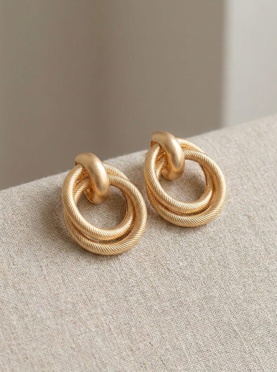 Matte gold twisted knot earrings on linen fabric surface