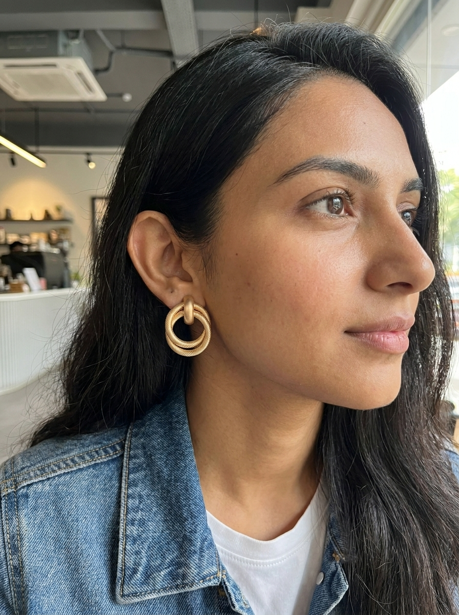 Model wearing matte gold twisted knot earrings with denim jacket
