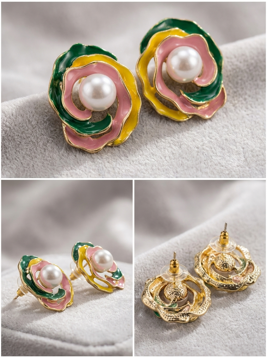 Enamel rose pearl stud earrings on linen - angled view