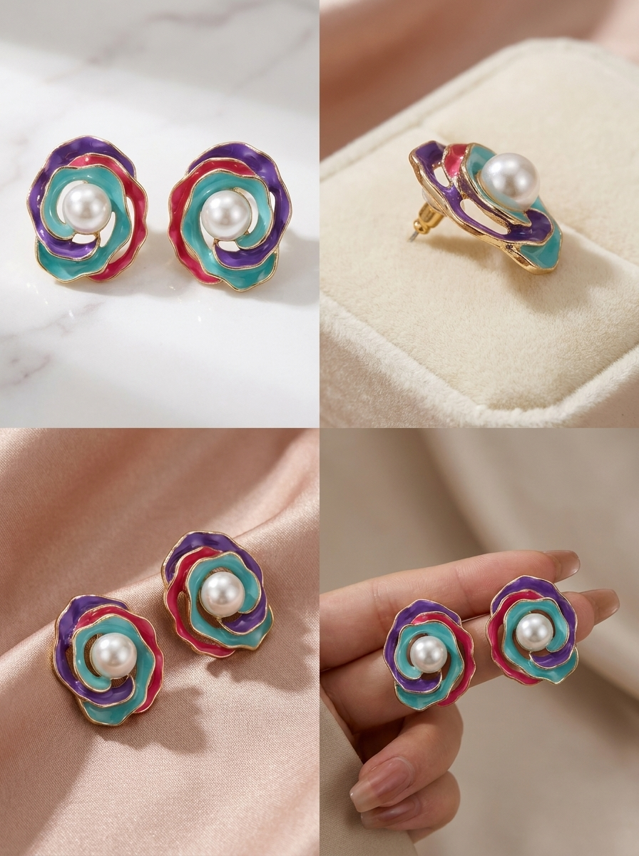 Multicolour enamel rose pearl stud earrings on grey velvet jewellery box