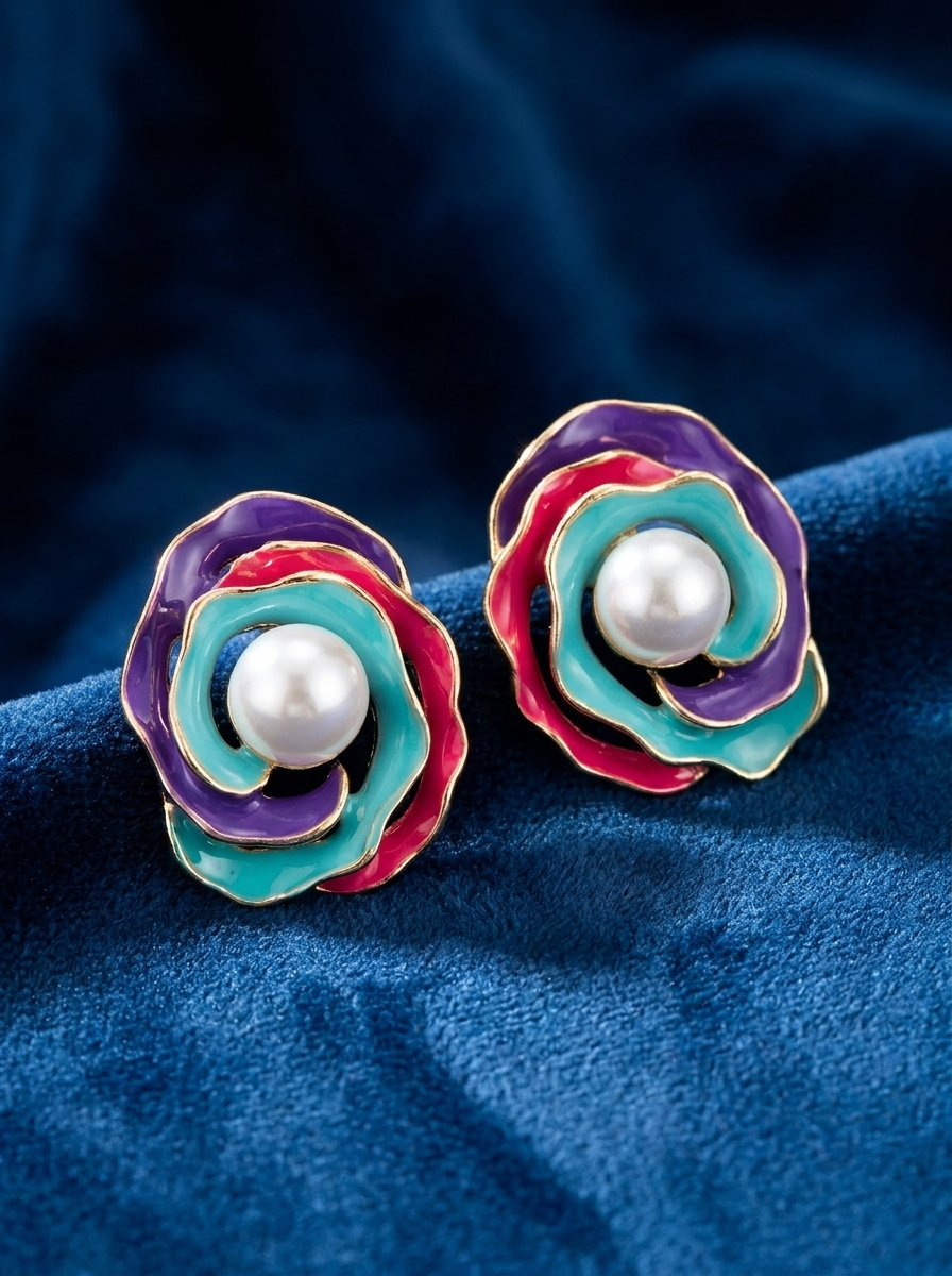 Model wearing multicolour enamel rose pearl stud earrings with embroidered kurta