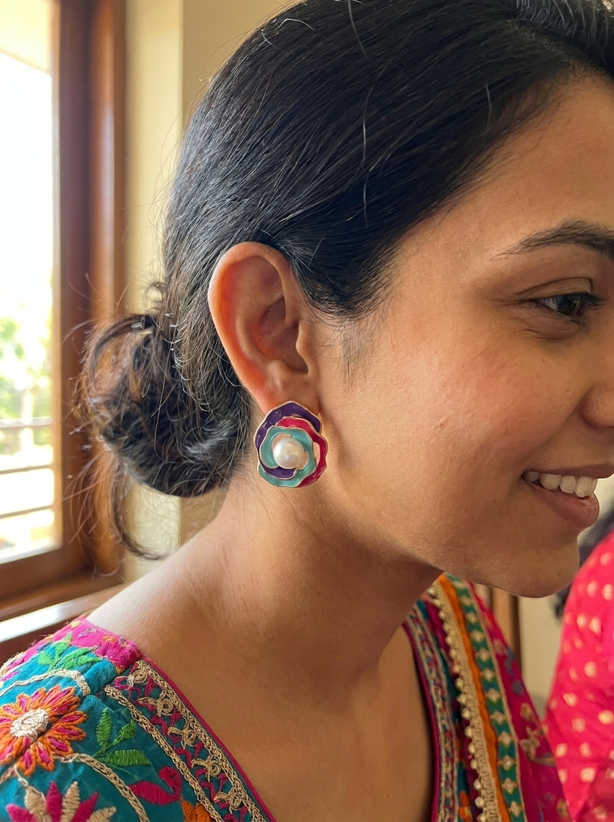 Multicolour enamel rose pearl stud earrings detail collage showing front, side and hand views