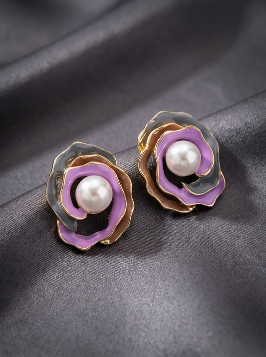 Model wearing pink and grey enamel rose pearl stud earrings with pink embroidered kurta
