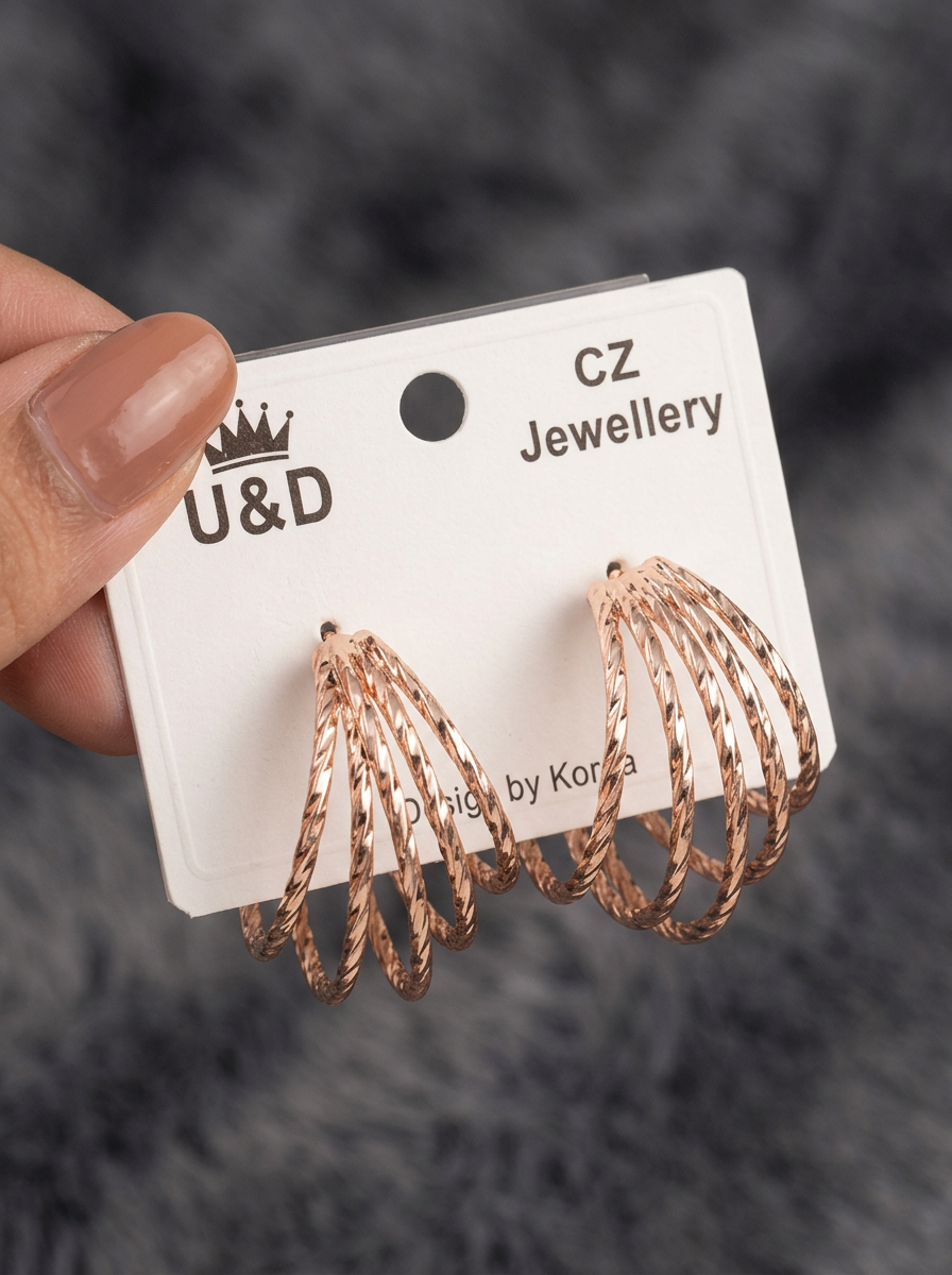 Rose gold multi-strand twisted hoop earrings on jewellery card packaging