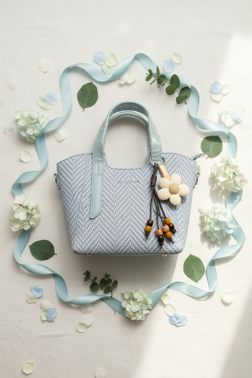 Powder Blue Mini Handbag with Flower Charm & Sling Belt