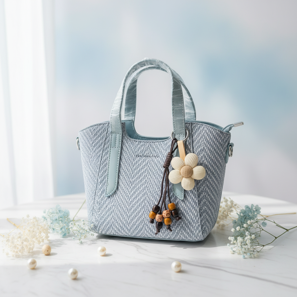 Powder Blue Mini Handbag with Flower Charm & Sling Belt