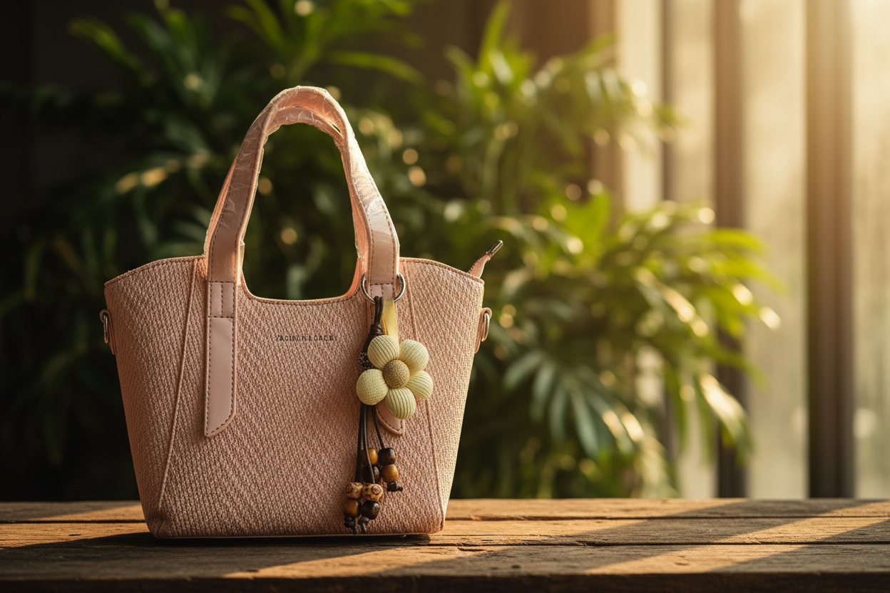 Blush Pink Handbag with Flower Charm & Sling Belt