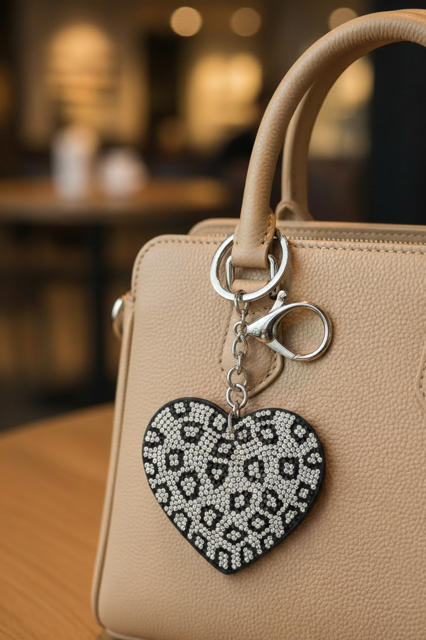 Leopard Print Rhinestone Heart Keychain