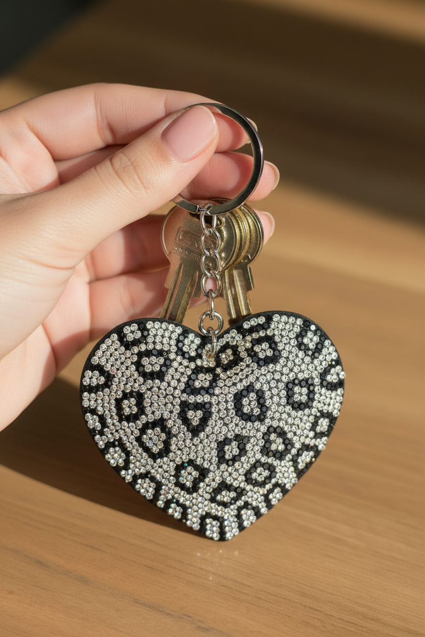 Leopard Print Rhinestone Heart Keychain