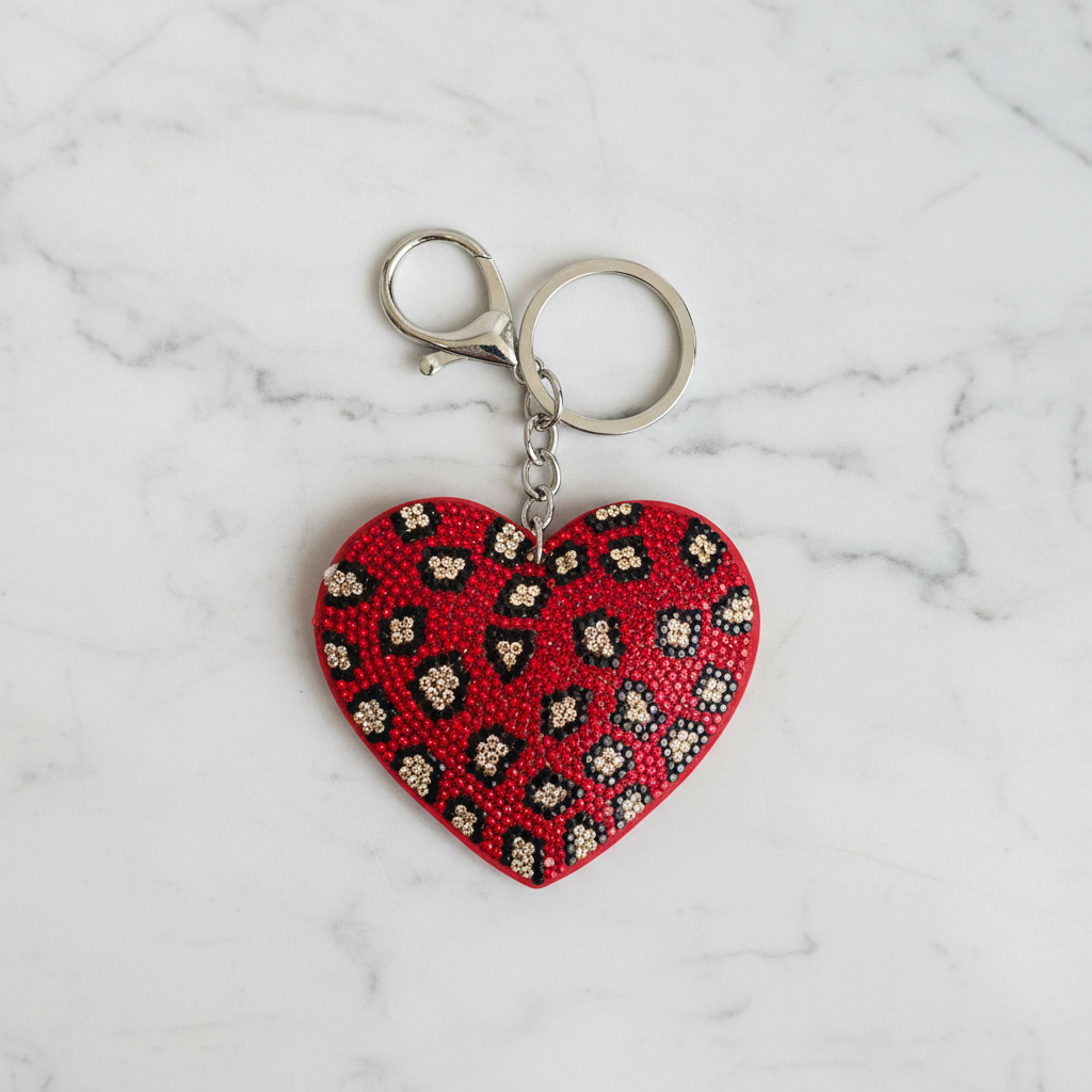 Red Leopard Print Rhinestone Heart Keychain