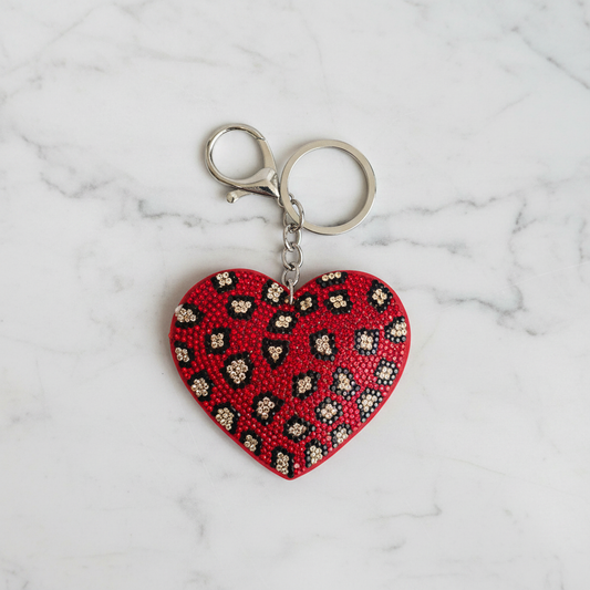 Red Leopard Print Rhinestone Heart Keychain