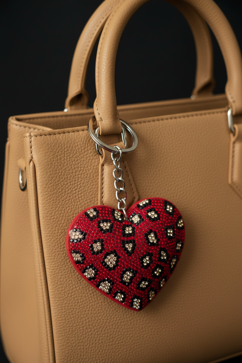 Red Leopard Print Rhinestone Heart Keychain